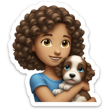 Little brunette girl with curly hair and blue eyes hugging a small puppy sticker