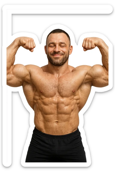 bodybuilder in posa con bicipiti contratti ed espressione soddisfatta, iperrealistico 4k sticker