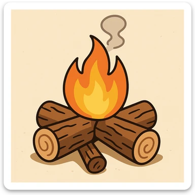 three-log campfire, visible flames, thin stream of smoke, straightforward style, minimal and clear sticker