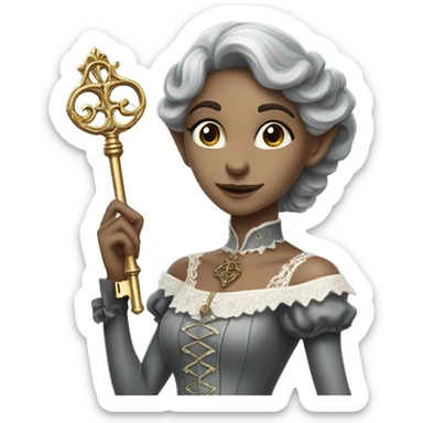 gray elf woman login holding a big key in victorian dress sticker