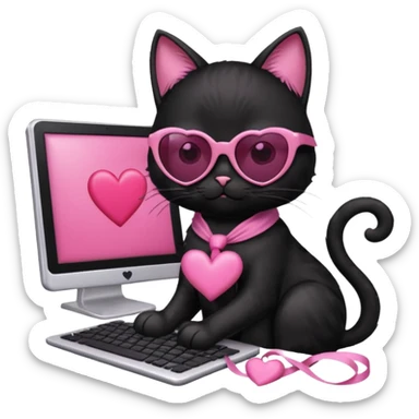 Black cat with pink ribbon and sunglasses doing pink computer with pink heart sticker