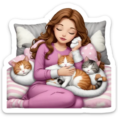 girl with long wavy brown hair, brown eyes, long lashes makeup, sexy pink lips, light to medium complexion,  sleeping on a cozy pillow, with 6 cats: 1 brown and white tabby cat, 1 ginger and white, 2 grey and white, 1 grey with white mittens and small white patch on chest and 1 calico, sleeping sticker