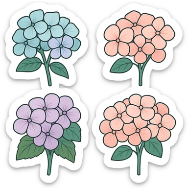 Beautiful hydrangea, detailed with shadows and highlights, in icon-color-outlined style with thin clean outlines and soft rounded shapes. Use a pastel palette #98B5BC, #B5B3C1, #C9A3C9, #E4C0CA, #F7DCD1, #F7C0AA. Transparent background. Inspired by the reference image, focus on detailing the petals and leaves. sticker