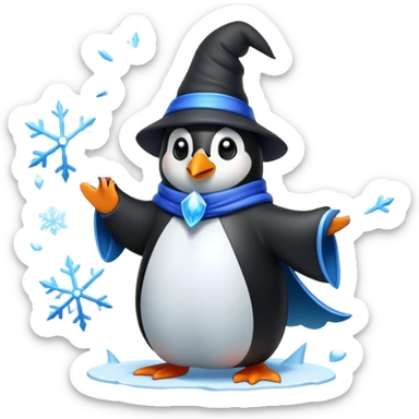 penguin wizard casting an ice spell with snowflakes and frost sticker