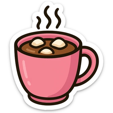 hot chocolate in a pink cup, vibrant colors, cartoon style sticker