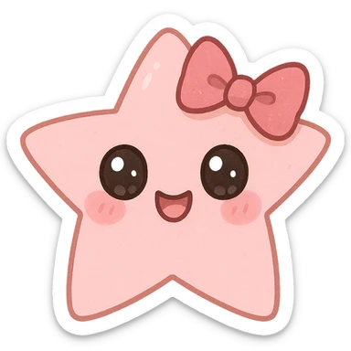 a cute pink star with a bow, original design, big eyes, blushing cheeks, joyful sticker