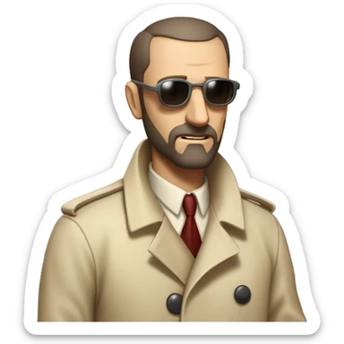 1930s investigator, a Caucasian man with short, buzz cut dark hair and a rough beard, wears tiny red-tinted sunglasses and a dirty beige trench lab coat. He has a serious demeanor. sticker