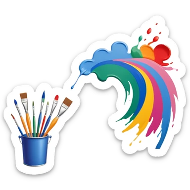 Create an icon that represents the hobby of wall painting without frame, featuring a wall with a beautiful painting in progress. The design should include a paintbrush, a roller, and part of the wall decorated with colorful patterns or a mural. The icon should show the process of creating the artwork, with the brush strokes visible on the wall, symbolizing the artistic nature of the craft. The composition should be balanced and harmonious, evoking creativity and skill. The background should be transparen sticker