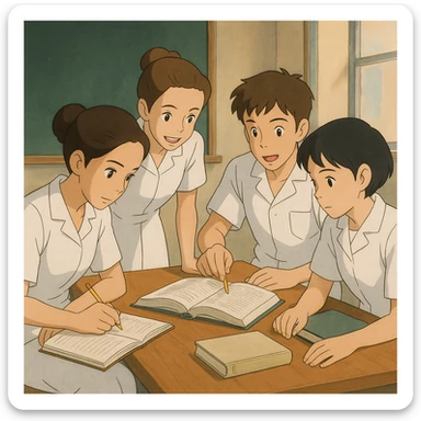 quatre étudiants infirmiers travaillant ensemble, portant des blouses blanches à manches courtes, sans sous-pull ni stéthoscope, ambiance collaborative, illustration claire et professionnelle sticker