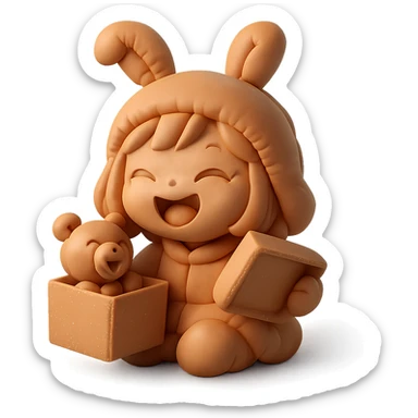 laughing chibi girl in bunny hat opening glittery gift box with laughing teddy bear inside, cushion style sticker