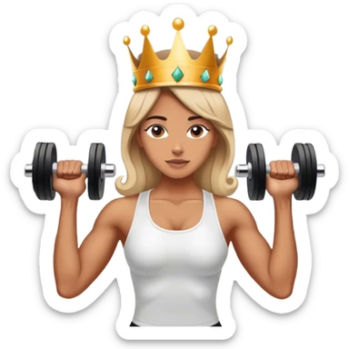 A woman wearing a crown stands in the center of the gym, lifting a dumbbell. sticker