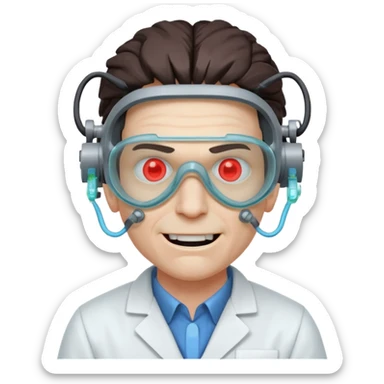 mutant scientist portrait, head and shoulders only, exposed glowing brain, broken goggles, evil smile, mad lab vibe, 3D cartoon, mobile game icon style, clean background, no text, no watermark

 sticker