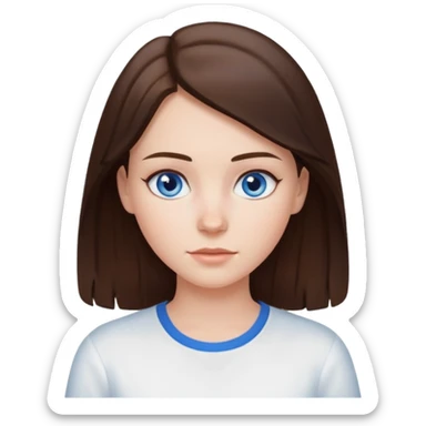 Create an emoji of a white Girl with brunette hair blue eyes faint freckles and hair to her shoulders wearing a white shirt sticker