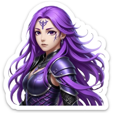 A mysterious warrior girl with long, flowing purple hair cascading down her back, strands catching the dim light like silk. Her piercing violet eyes glow. She wears sleek black armor, a perfect fusion of elegance and lethality, adorned with intricate silver engravings resembling ancient runes.  sticker