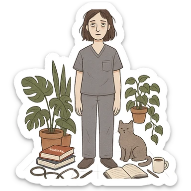 tall tired-looking woman with medium build, brown shoulder-length hair, pale skin, gray eyes, surrounded by house plants, a cat, nursing and study items sticker