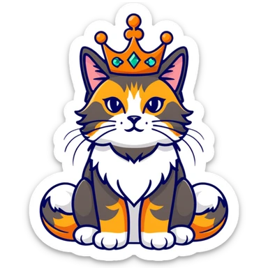 regal calico maine coon cat with orange, black and white fur wearing a jeweled crown sticker