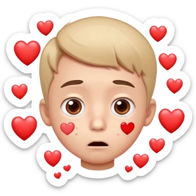 surprised cartoon boy with wide eyes, nosebleed, blushing, hearts floating around sticker