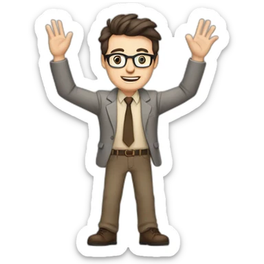 To belt Actively gesturing with hands Okay Pale skinned fit man with dark brown hair in gray jacket, beige office shirt, brown tie, brown pants and vintage glasses. sticker
