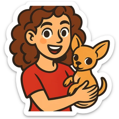 white girl with curly brown hair holding a chihuahua puppy sticker
