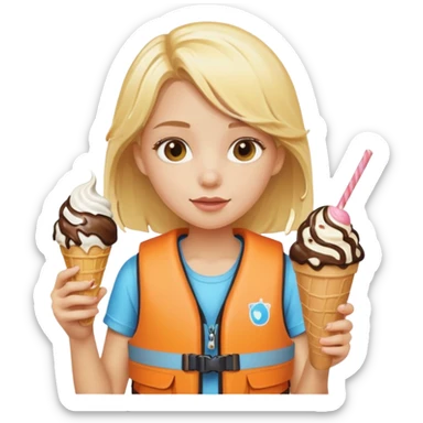 girl blonde kid wearing lifejacket, holding ice cream sticker