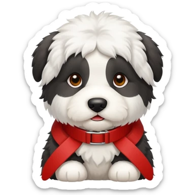 Crea un emoji de un perrito bebé  sheppdog english old con un collar rojo y que la placa diga Rocky sticker
