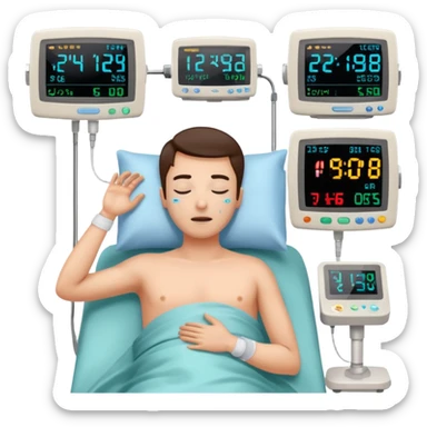 a PATIENT waking up before a surgery sleeping. And 1 monitor with vitals and numbers sticker