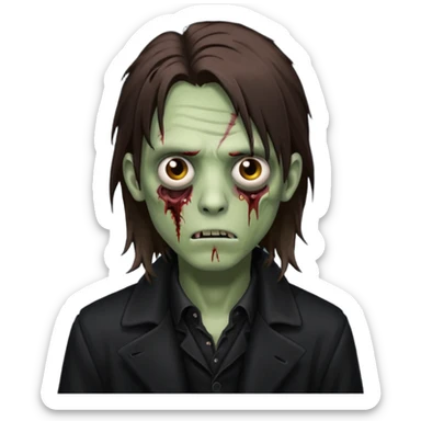 zoZombie, emo guy, with dark circles under his eyes and long brown hair, in a black long
 sticker