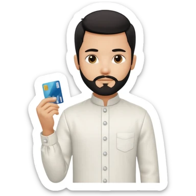 generate a pretty bratz boy wearing a white linen mandarin collar shirt with an amex card in hand. bearded black hair sticker