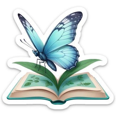 A pale blue butterfly hovering over an open green book with faded botanical illustrations. sticker