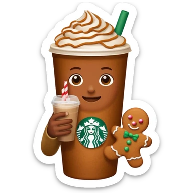 a plain emoji holding a gingerbread chai drink from Starbucks sticker