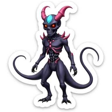 Shiny Horned Futuristic Badass Demonic Spectral Dusky Spooky Skull-faced Cool Hot Stylish Handsome Alien-Salandit-Darkrai-Genesect-Fakémon-fusion (full body) sticker