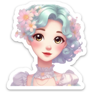 Gorgeous pastel anime style lady with blushing face with flower petals around cute dress  cottagecore fairycore pastelcore shiny colorful pearly petite simplistic aesthetic trending style sticker