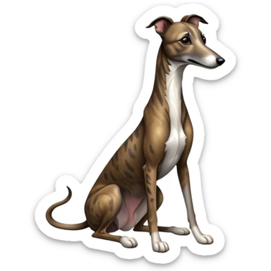 cinematic-[brindle greyhound]-realistic-full-body-sitting-emoji,-tail-resting-loosely-beside-its-paws,-head-tilted-dramatically, -sleek-[dark brindle]-fur,-simplified-yet-realistic-focused-features,-highly-detailed,-glowing-with-an-almost-sarcastic-glow sticker