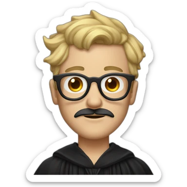A man with blond messy hair and a mustache, wearing a black squared shaped eye glasses, a black witch hat, black  robe sticker