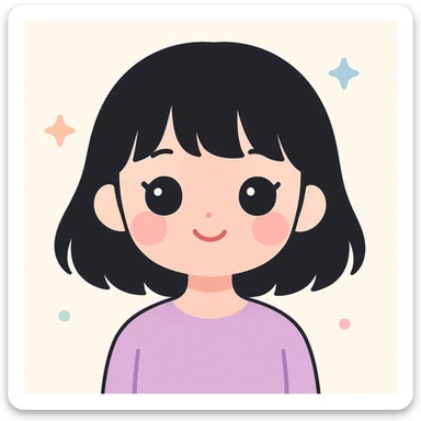 portrait of a girl with black shoulder-length hair, bangs, black almond-shaped eyes, full lips, and straight nose, kawaii style sticker