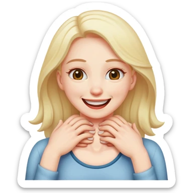 Woman with hands on either side of her neck, choking herself but smiling sticker