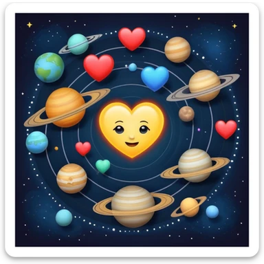 Solar system with heart-shaped planets orbiting a sun, colorful planets in the shape of hearts sticker