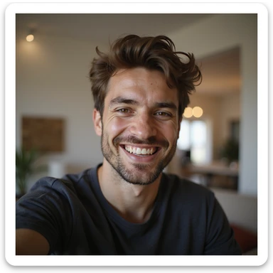 smiling guy taking a selfie indoors, photorealistic style sticker