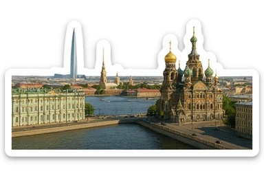 cinematic realistic emoji of St Petersburg Russia city wide view featuring Winter Palace, Church of the Savior on Spilled Blood, Peter and Paul Fortress, Lakhta Center, lifelike detail, accurate colors, bright daytime lighting, no sky, no clouds, fully transparent background sticker