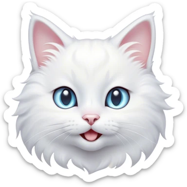 Cinematic Comical White Cat Portrait Emoji, Head tilted in an exaggerated, surprised manner with wide, sparkling eyes, showcasing a pristine white fur with subtle hints of silver and an animated, goofy expression, simplified yet whimsically detailed, glowing with a playful, bright radiance, high shine, exuding a lighthearted and comical charm, styled with a soft glowing outline, capturing the essence of a white cat that looks ready to prance comically off the screen! sticker