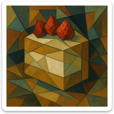 white cake with strawberries on top, cubist abstraction style sticker