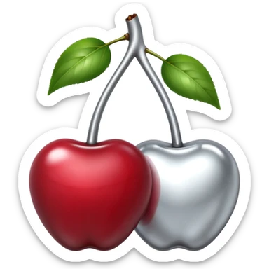 A pair of cherries emoji made of liquid silver chrome, smooth rounded shapes, glossy metallic surface, subtle sensual vibe, luxury sexy aesthetic, iOS emoji style, centered, clean white background sticker
