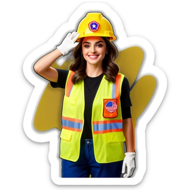  Charli D'Amelio is a construction worker wearing a patriotic dress with a neon yellow safety vest over the dress. she also has a hard hat and a patriotic patch on the vest sticker