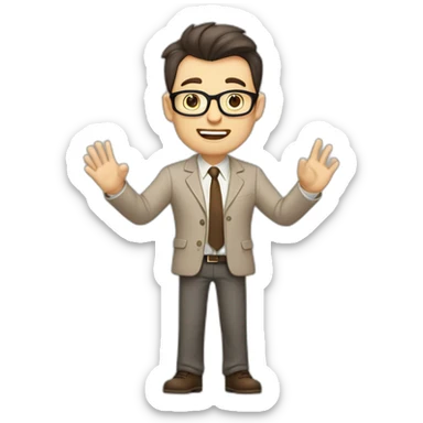 To belt Actively gesturing with hands Okay Pale skinned fit man with dark brown hair in gray jacket, beige office shirt, brown tie, brown pants and vintage glasses. sticker
