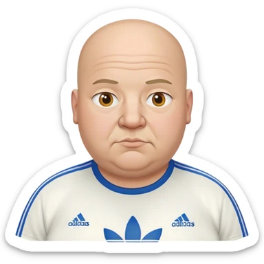 Fat bald man with adidas shirt sticker
