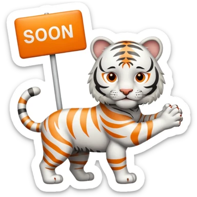 White Tiger. He is holding a sign with SOON - written on it. Let him have 4 paws, not more. sticker
