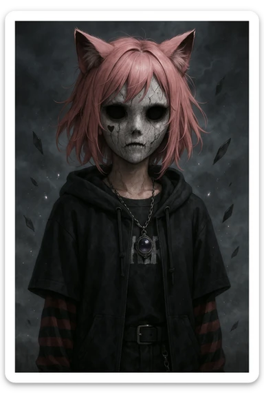 realistic anime catgirl with pink hair, emo streetwear, heart tattoo under left eye, dark magical accessory, sparkles, stormy background, ghostly horror look with cracked mask, empty eyes, and floating shards sticker