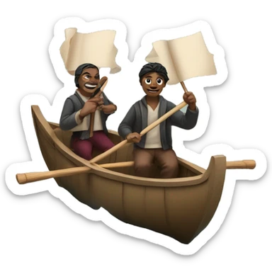 people holding paper scrolls and ink quills in a rowboat sticker