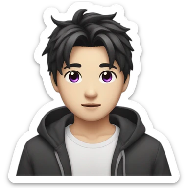 Cute japanese boy with cat ears, black medium hair and purple eyes sticker