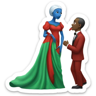 Beatiful tall blue skin female reptilian in red dress, kissing white man in green dress, full figure, full body sticker